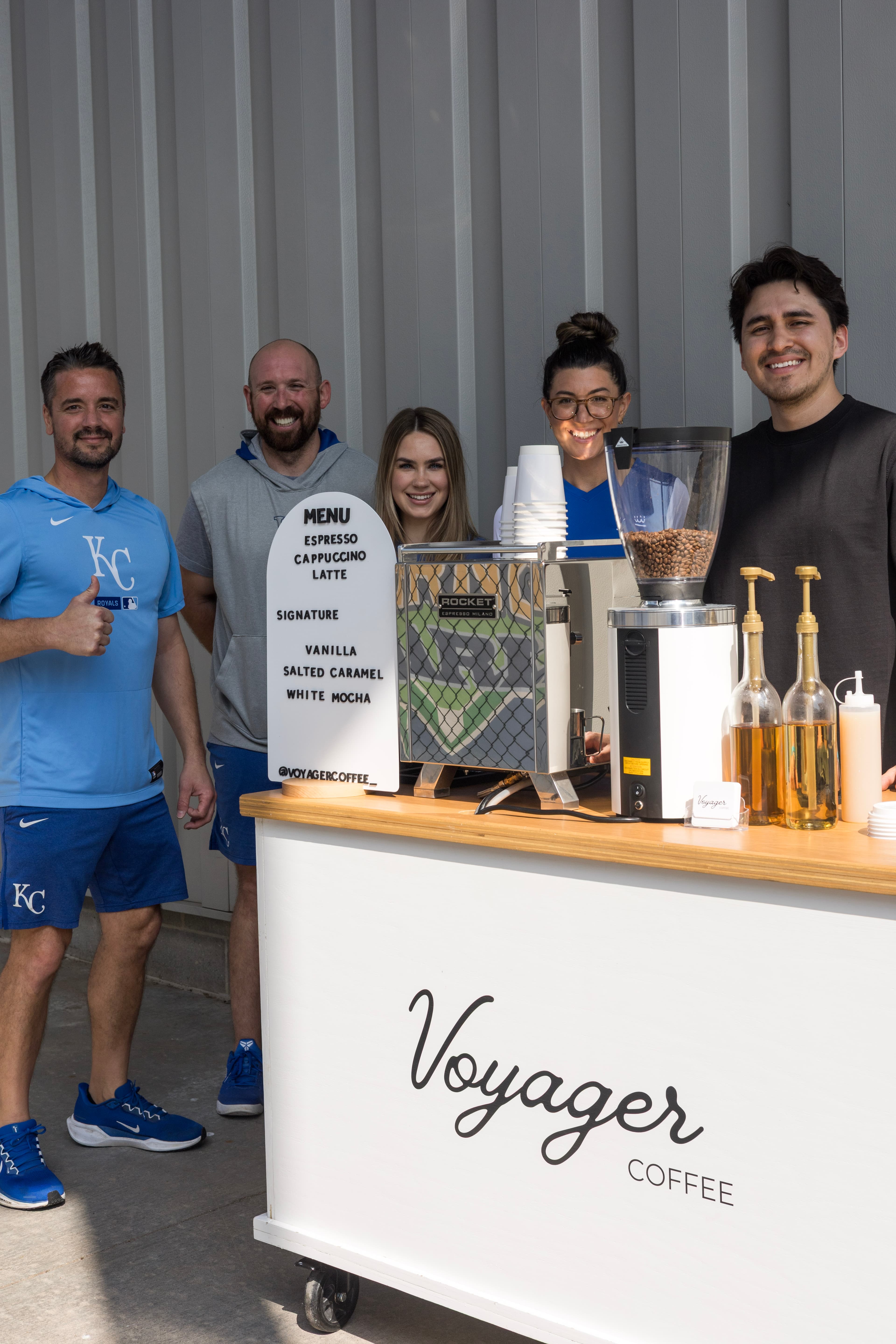 Voyager Coffee cart with KC Royals team - Premium sports event coffee catering Omaha Nebraska - Coffee catering Papillion NE