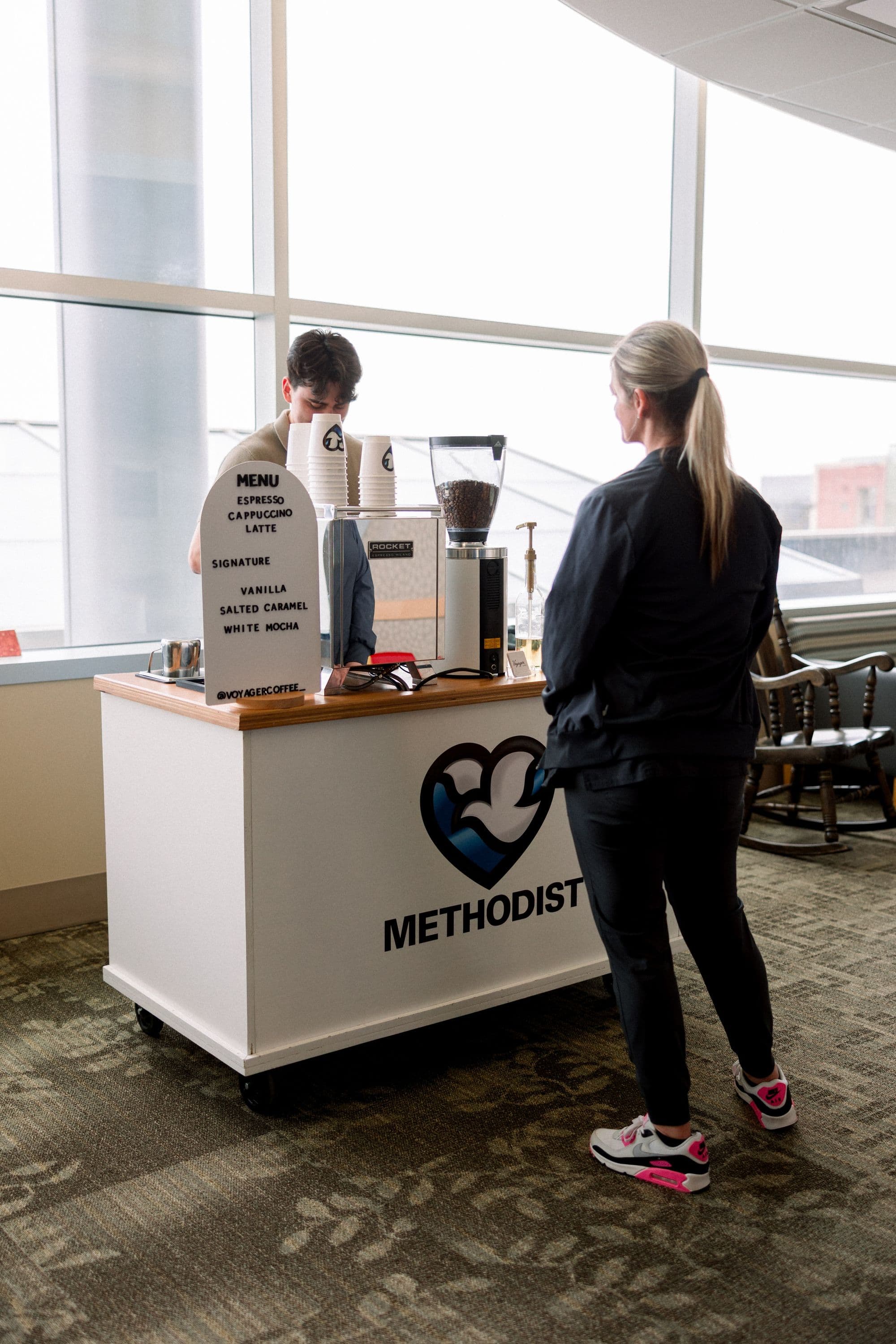 Mobile coffee cart setup at Methodist corporate event in Omaha - Professional event coffee catering service - Coffee catering Papillion NE