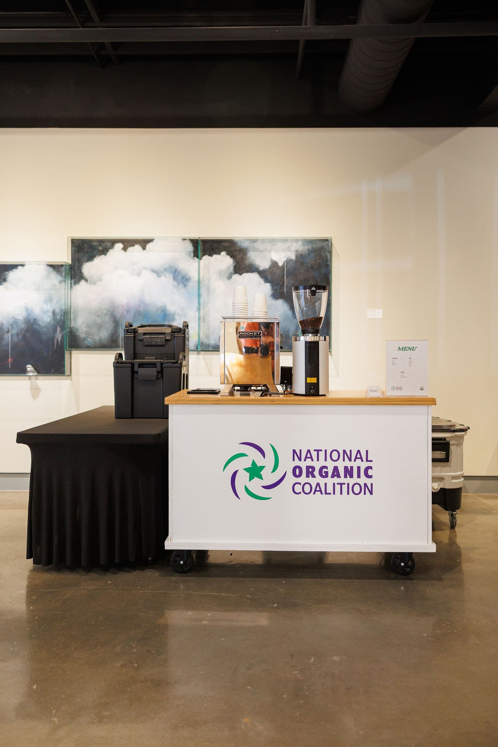 Branded coffee cart setup at National Organic Coalition conference - Corporate event coffee catering Omaha